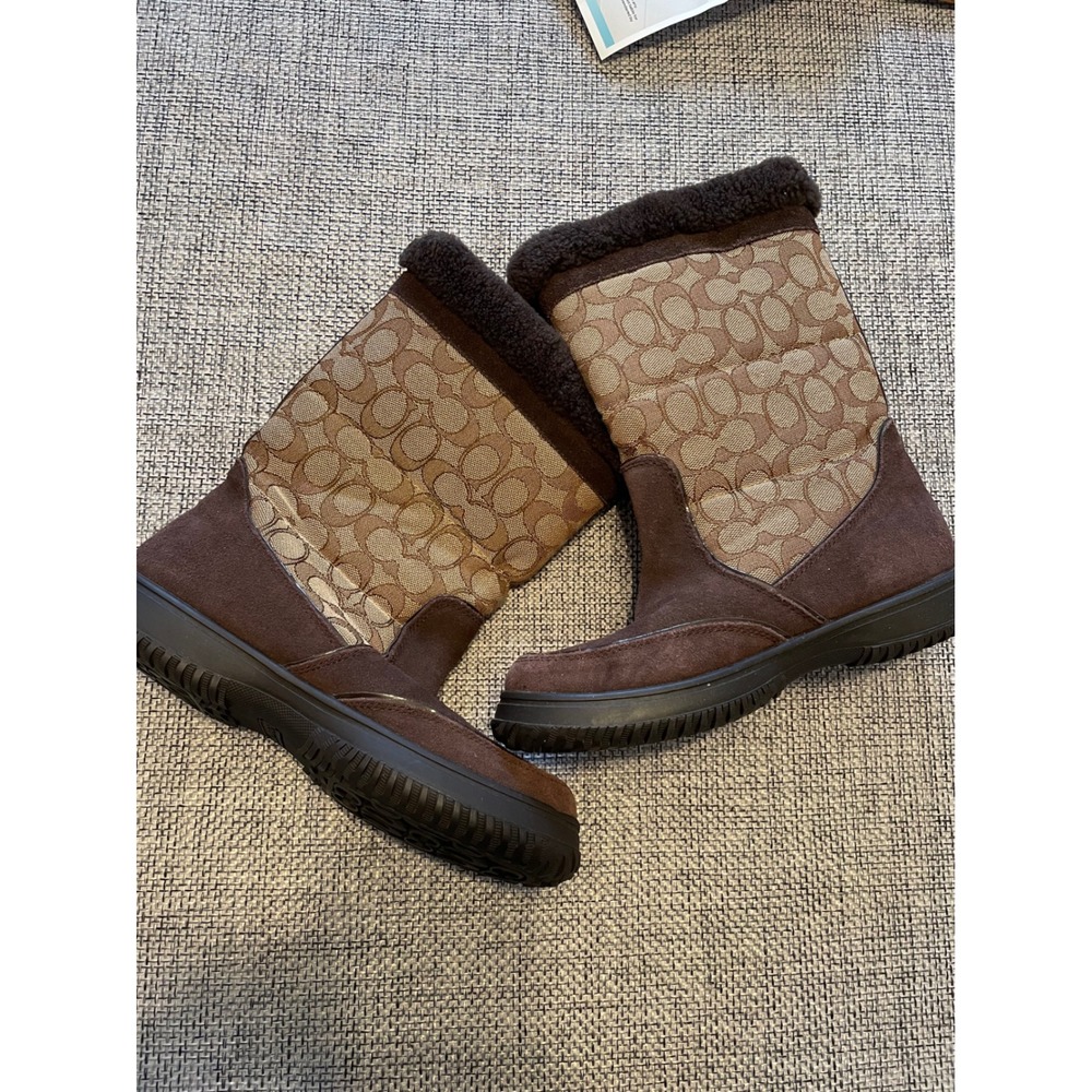 Coach Sherman Signature Winter Boots Brown Suede Faux Fur A00771 Womens 7B